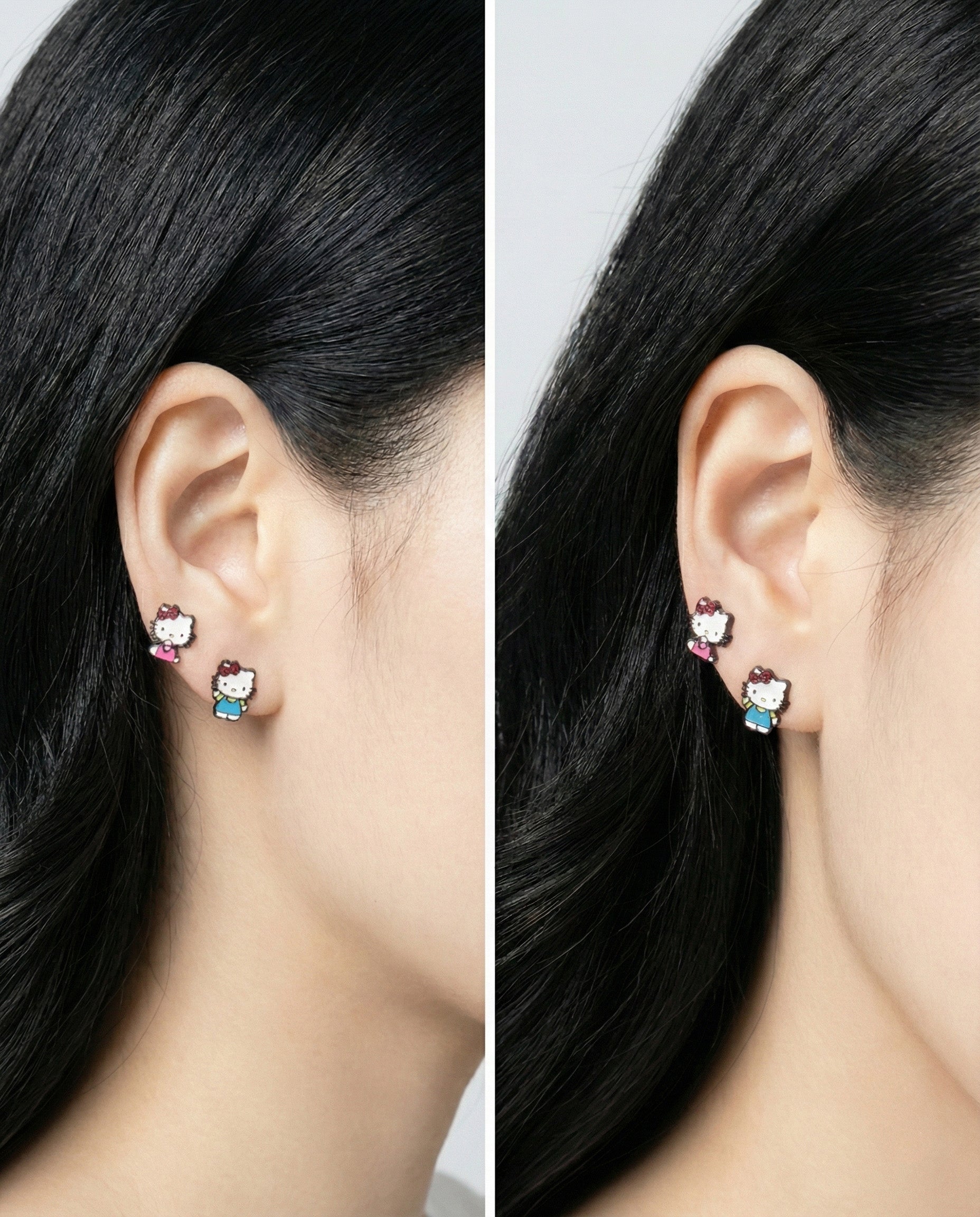 Side by side comparison of Hello Kitty asymmetrical earrings worn on ear in natural lighting
