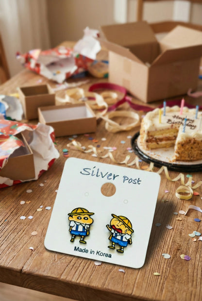 Handmade in Korea Shin-chan and Max kawaii earrings on white card with birthday party setting