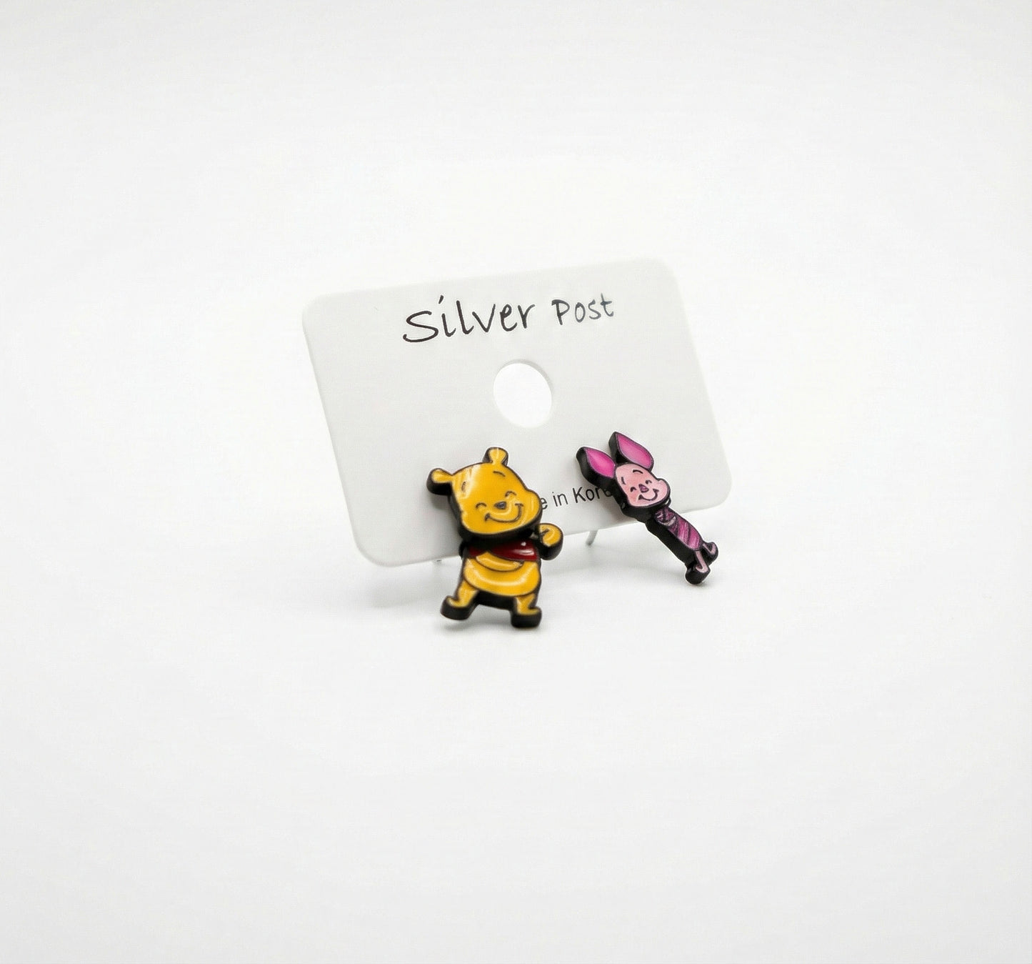 Pooh & Piglet Inspired 2-Way Drop Stud Earrings Handmade in Korea, 925 Silver Post