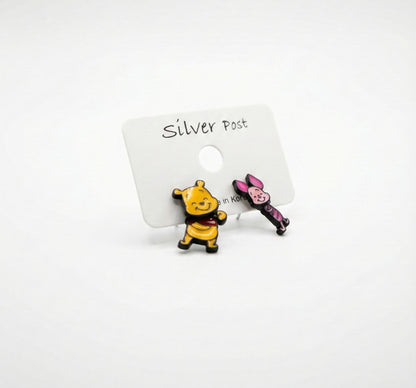 Pooh & Piglet Inspired 2-Way Drop Stud Earrings Handmade in Korea, 925 Silver Post