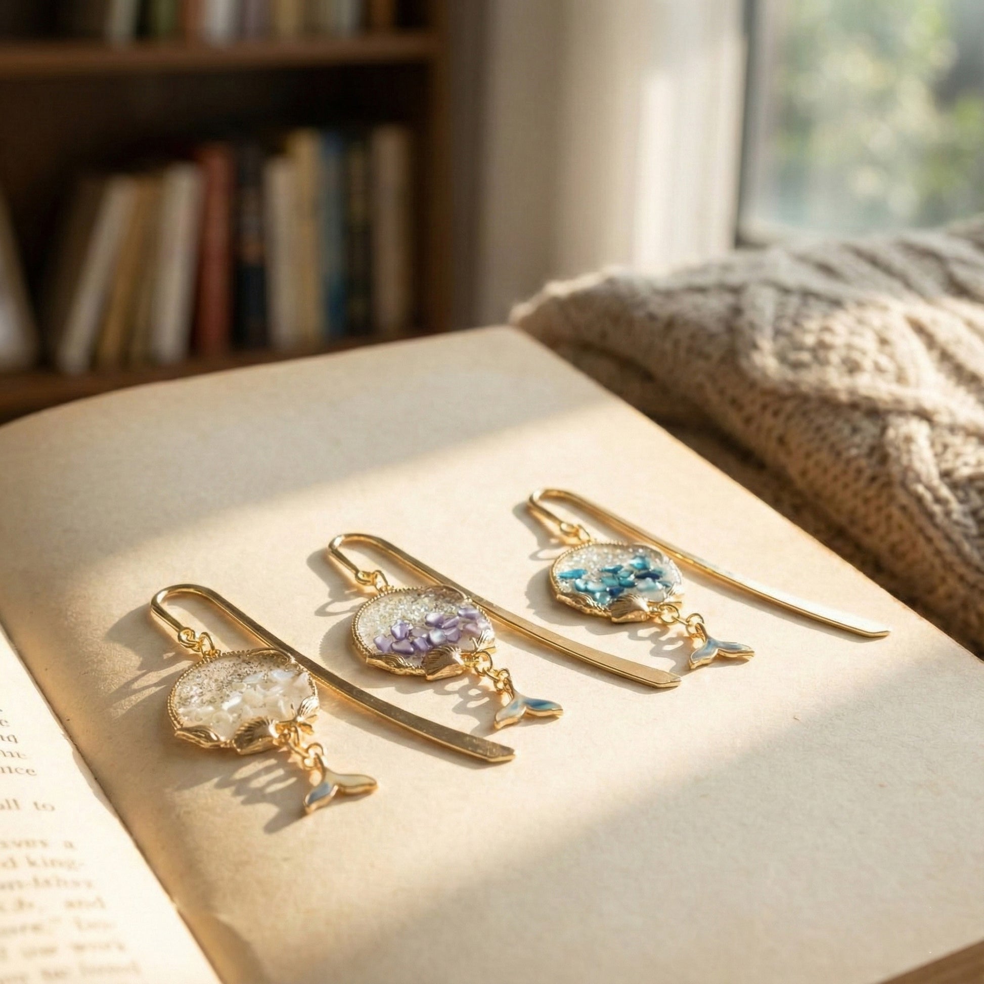 Three handmade shell bookmarks in white pearl, violet, and ocean blue displayed on vintage book