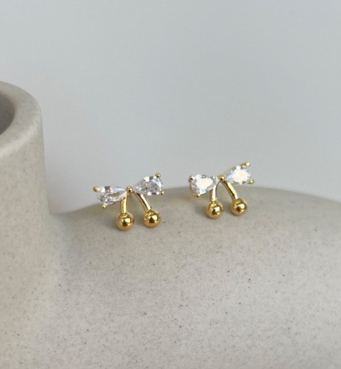CZ Bow Cherry Stud Earrings – Sparkling Cubic Zirconia Ribbon with Ball Drop, Hypoallergenic, Gold & Silver