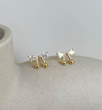 CZ Bow Cherry Stud Earrings – Sparkling Cubic Zirconia Ribbon with Ball Drop, Hypoallergenic, Gold & Silver