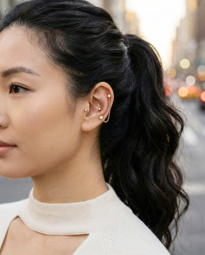CZ Bezel Chain Barbell Piercing - Double Stud Connector Earring in Gold, Silver & Rose Gold