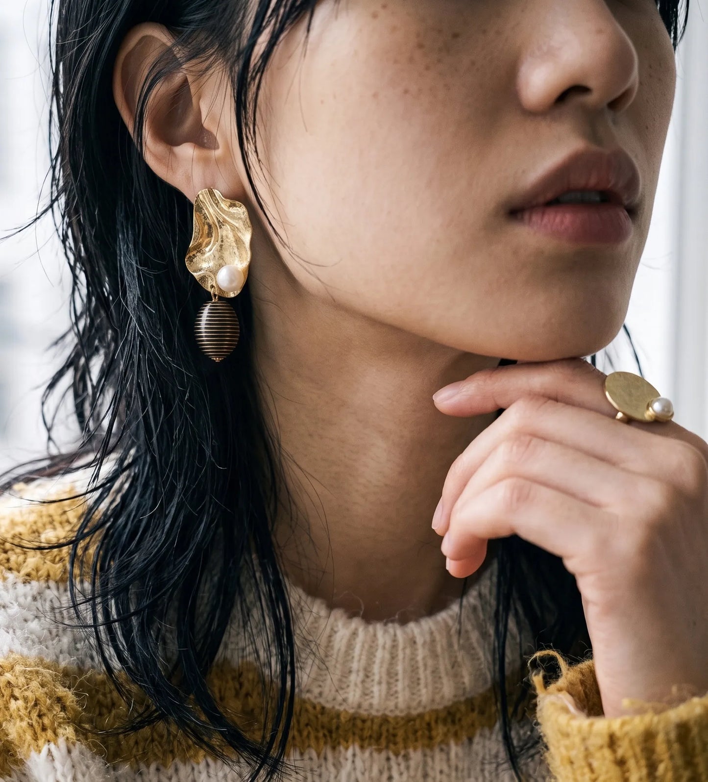 Gold Hammered Pearl Drop Earrings | K-Style Statement | Titanium Post