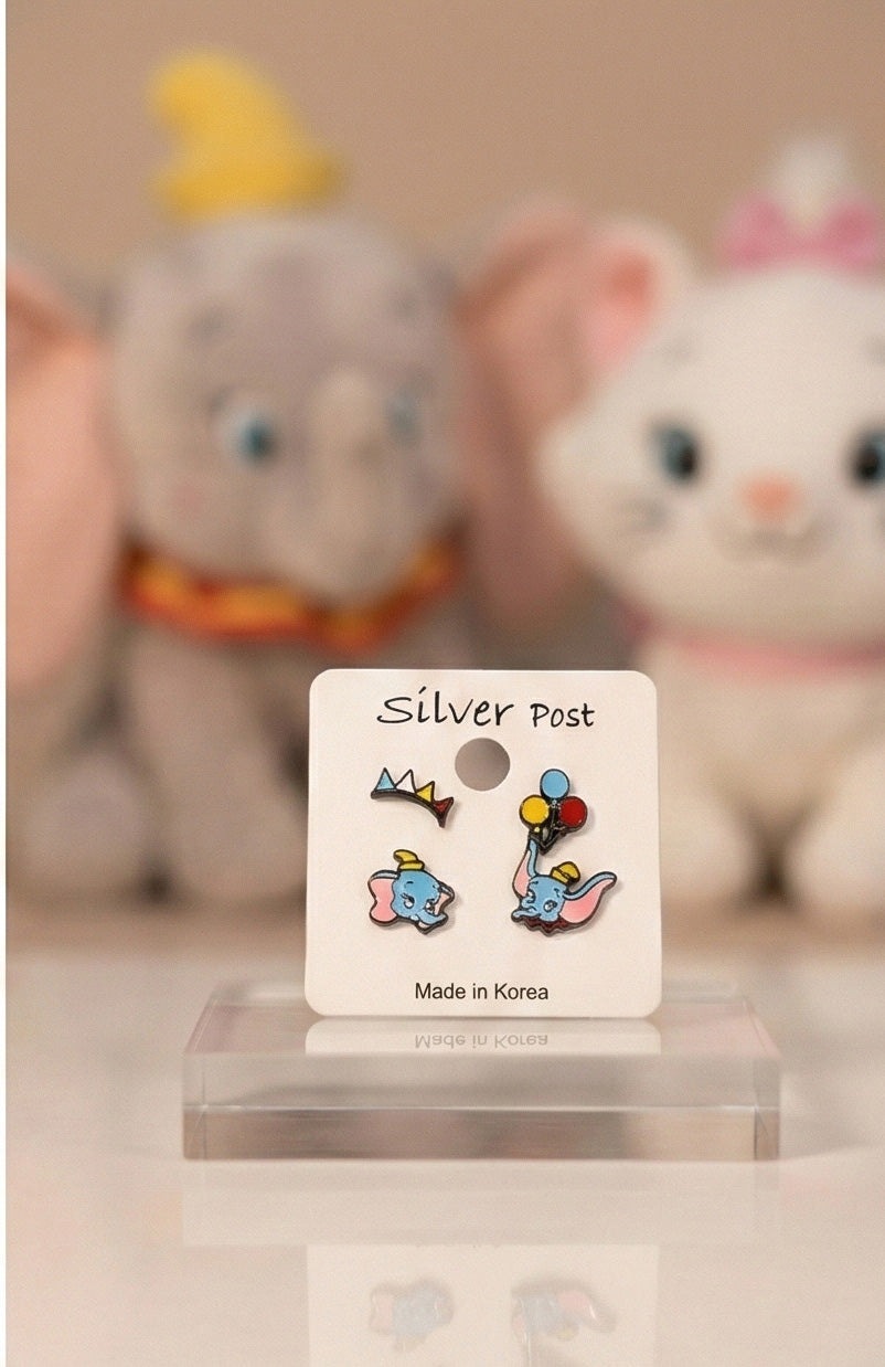 Elephant Dumbo inspired earring set with balloons and crown - circus-core whimsical studs