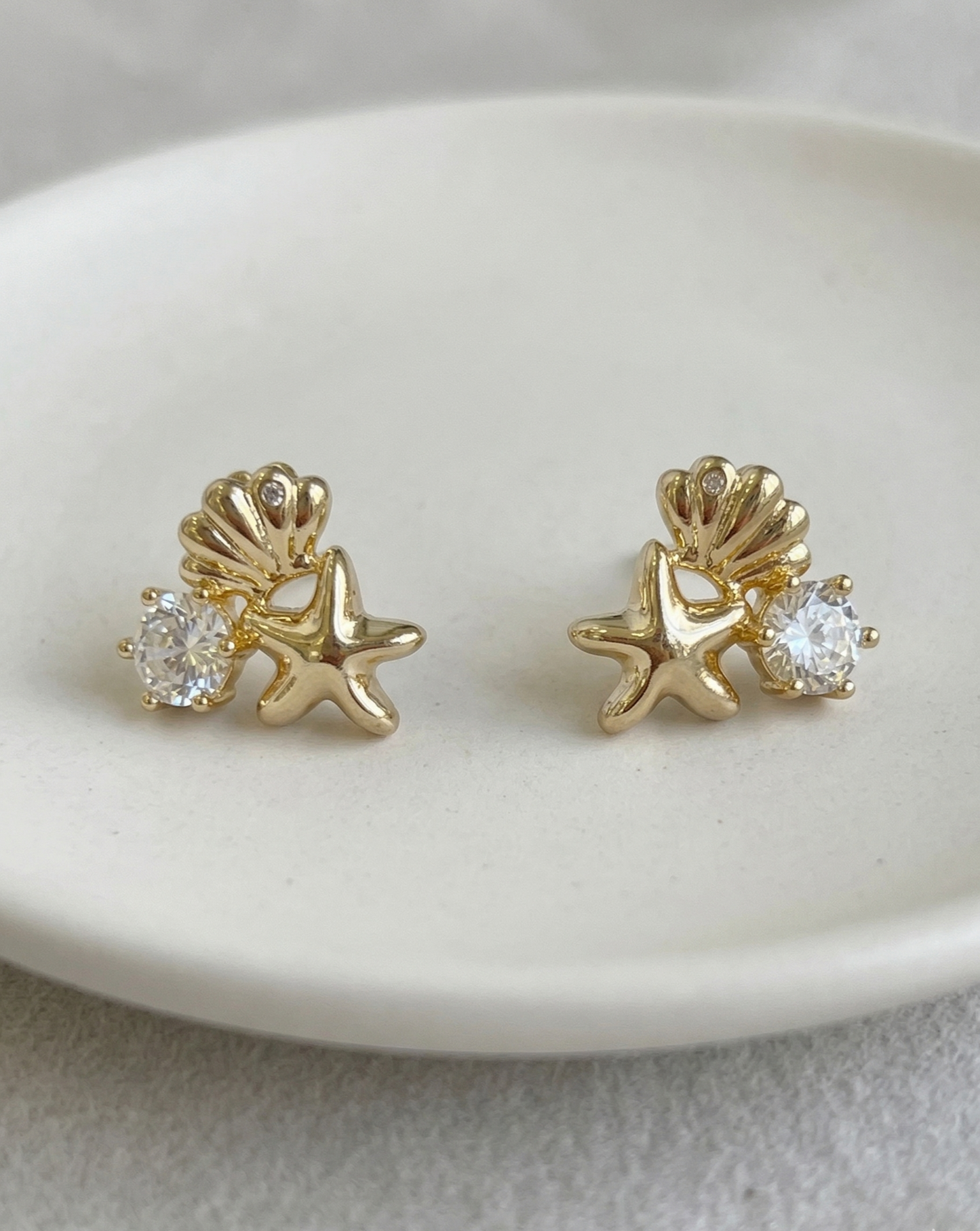 Mermaidcore Shell & Starfish Cubic Zirconia Stud Earrings | Hypoallergenic Titanium Post | Gold & Silver