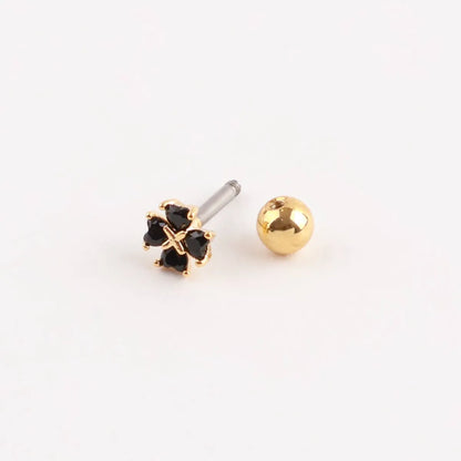 Aesthetic gold clover cartilage stud detail, hypoallergenic screw-back post.
