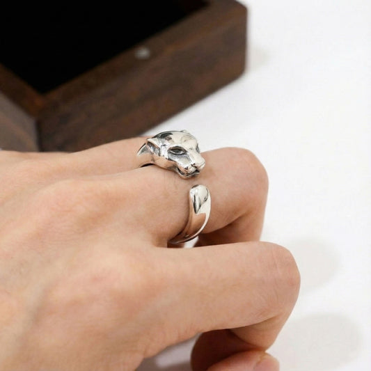 Close-up side view of solid silver panther ring 3.75 grams showing intricate facial features and oxidized finish