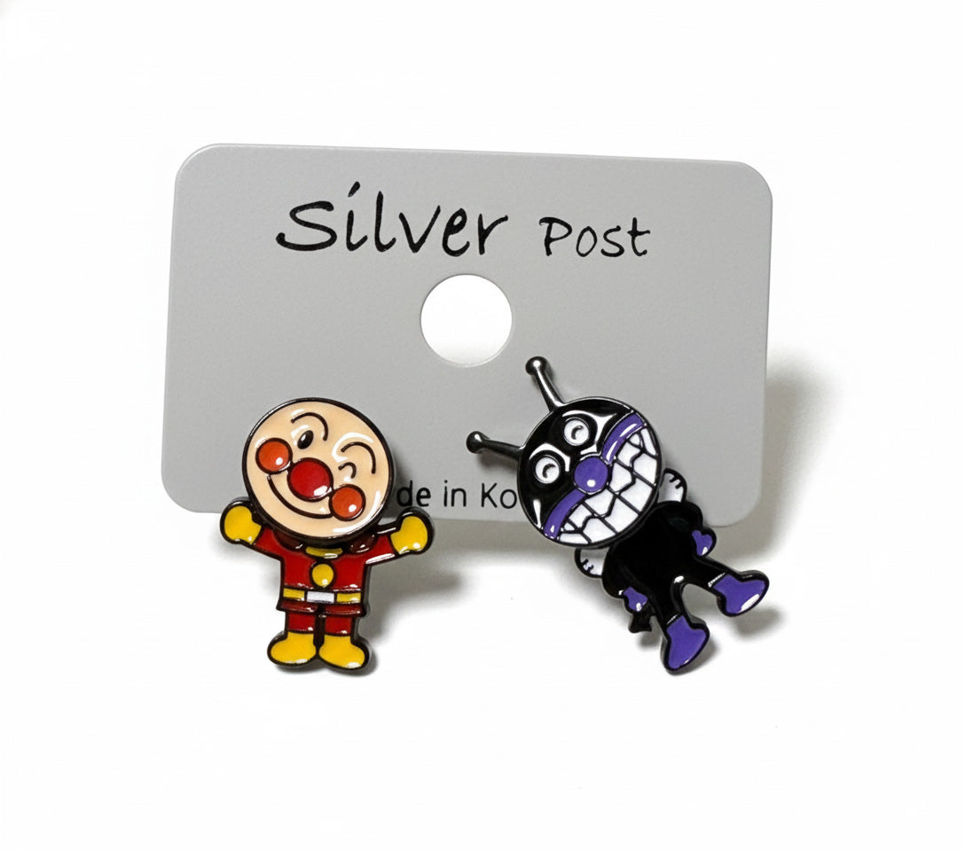 Anpanman and Baikinman character earrings close-up view