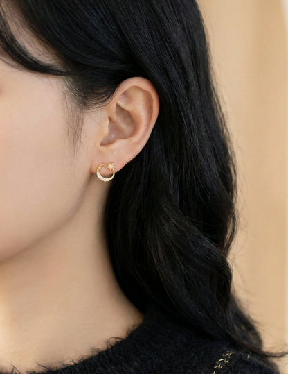 Celestial Crescent Moon & Star Pavé Stud Earrings | Silver, Gold & Rose Gold