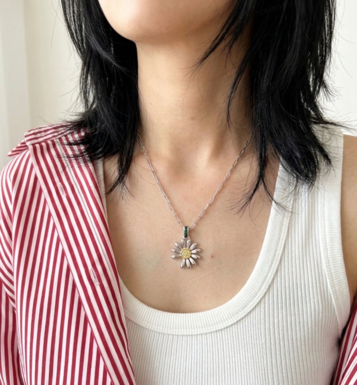 925 Sterling Silver Daisy Pendant Necklace – Green CZ Bail & Yellow Pavé Center