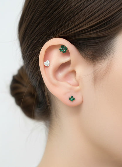 Lucky clover heart earscape set green CZ barbell studs cartilage helix conch lobe piercing Korean jewelry