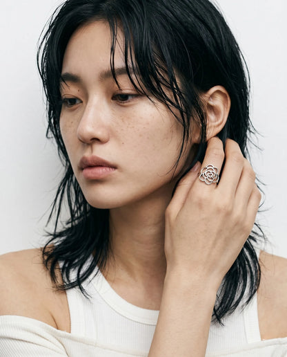 925 Sterling Silver Bold Rose Ring | Handcrafted Chunky Camellia Openwork Band