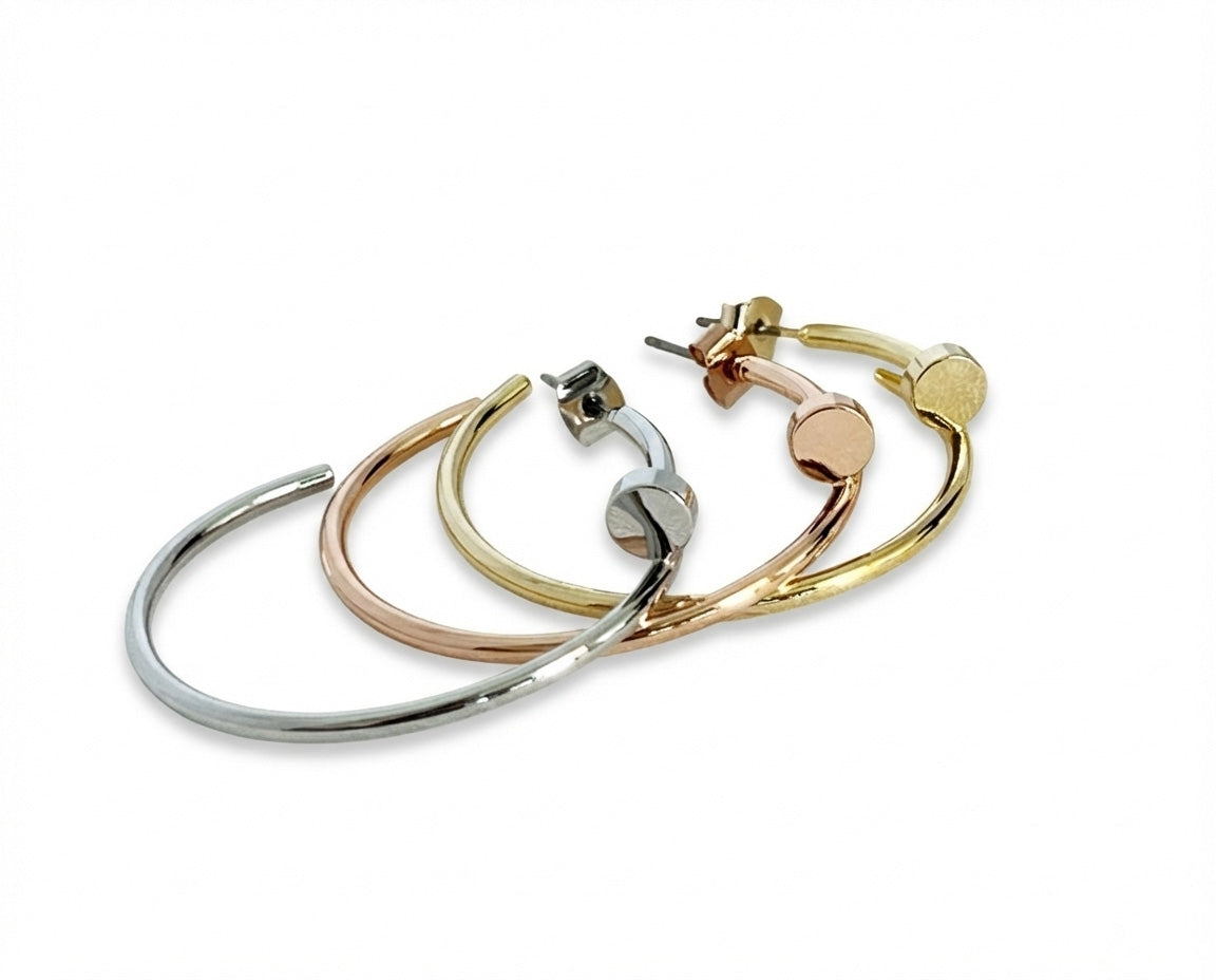 Modern Screw Hoop Earrings | Brass Titanium Posts | Gold Silver Rose Gold