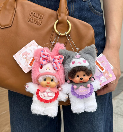 K-style bag charm layering inspo with pink bunny and grunge cat plush keychain clipped on luxury brown leather bag — kawaii aesthetic 8ttitto8