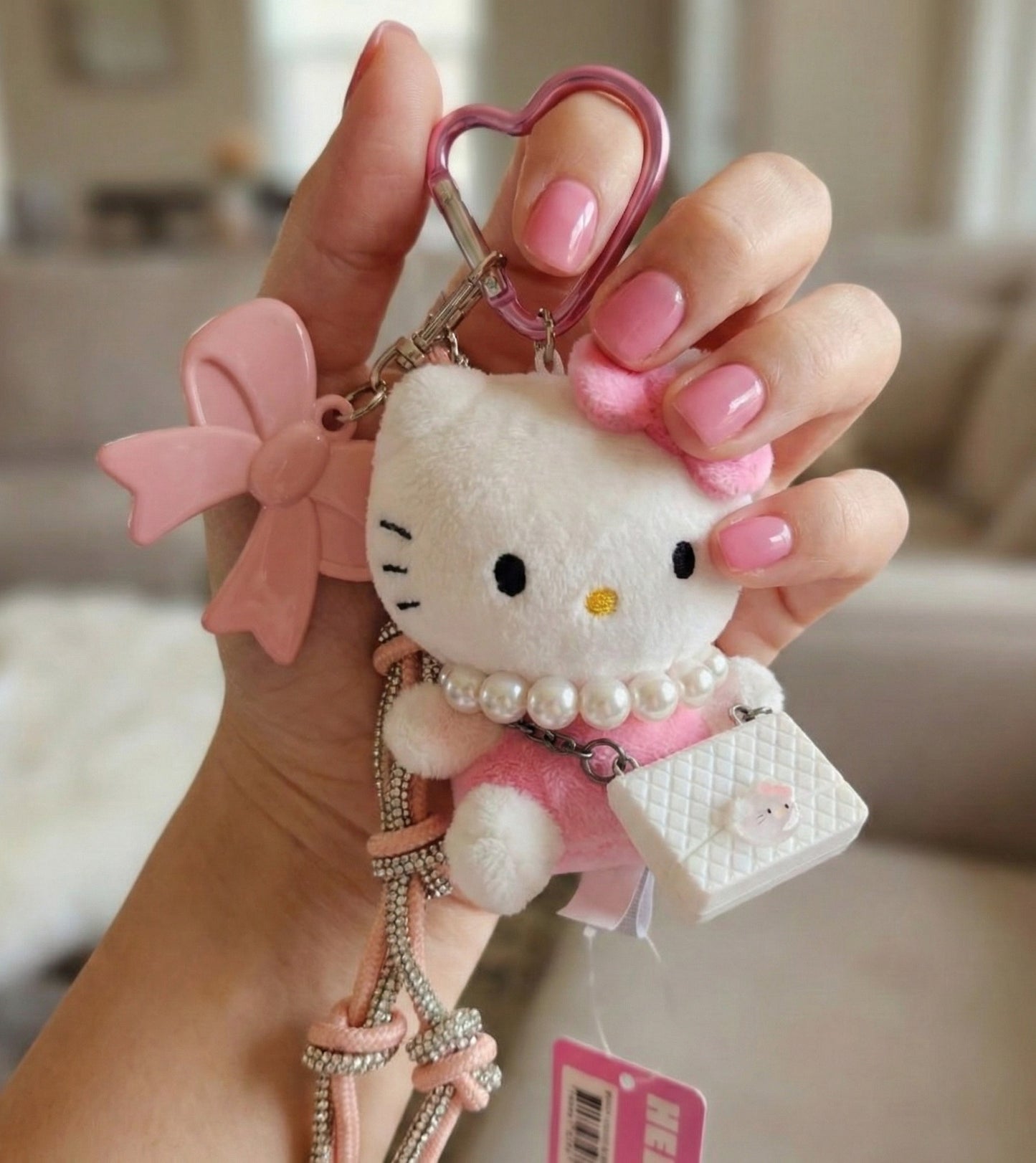Authentic Sanrio Hello Kitty Plush Keychain Bag Charm – Pearl Necklace, Quilted Mini Bag & Crystal Rope Strap | Coquette Kawaii Y2K Accessory