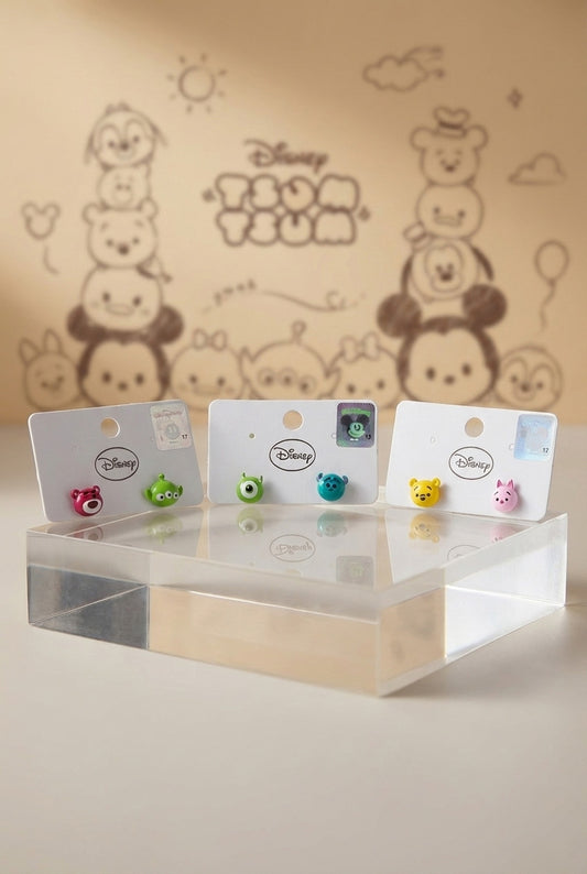 Three Disney Tsum Tsum character earring sets display - Pooh Piglet Lotso Alien Mike Sulley on acrylic stand