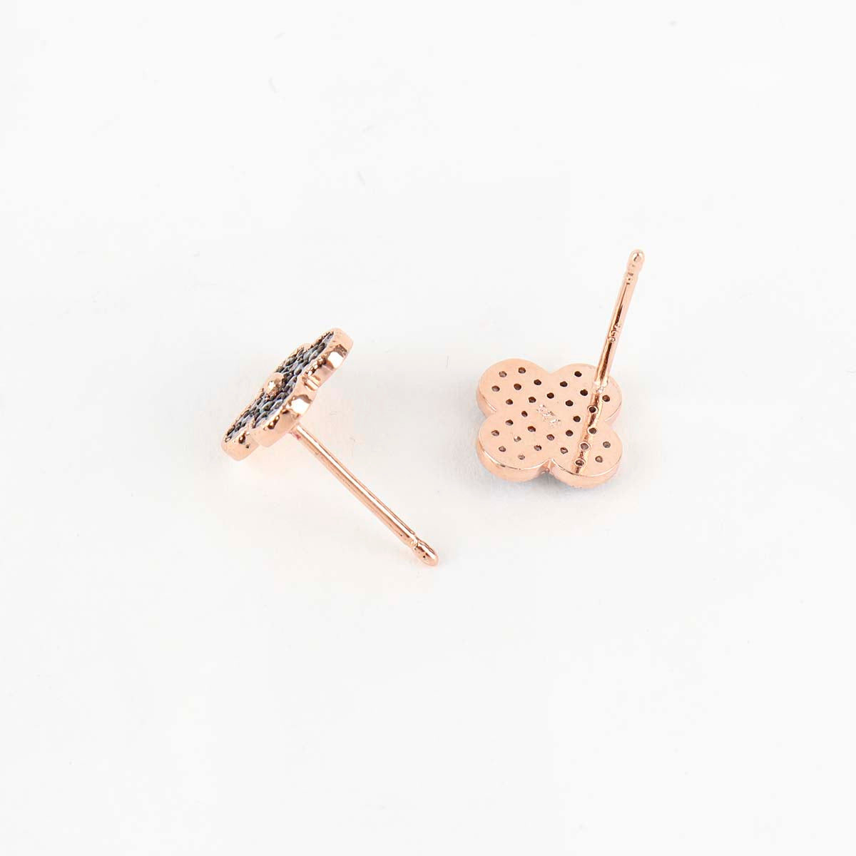  Back view of aqua blue clover stud earrings showing 925 silver posts and pave setting detail