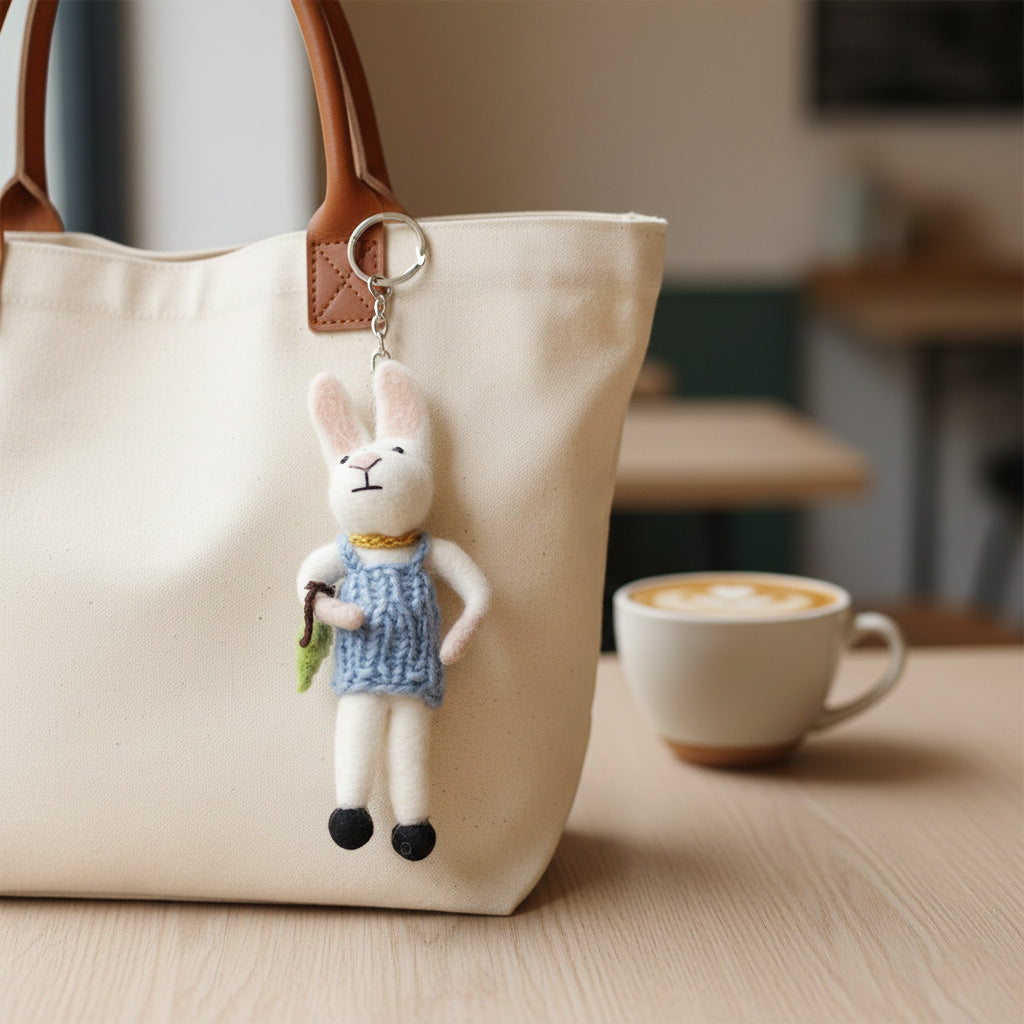 Cute wool felt rabbit keychain attached to white tote bag - handmade Nepal bag charm accessory with coffee