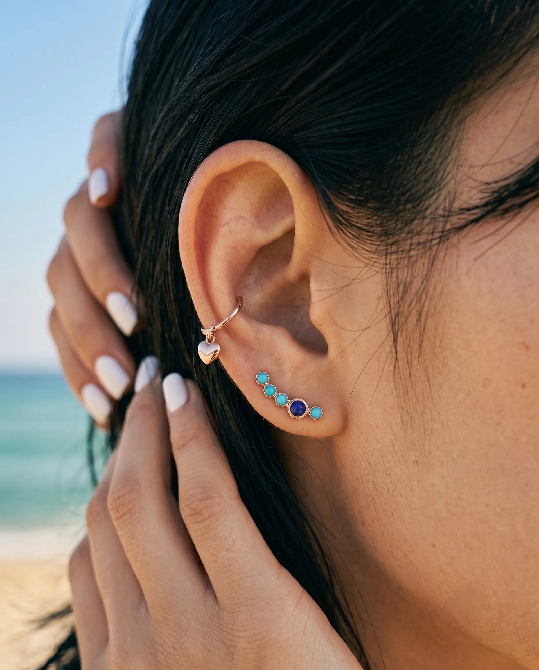 K-style aesthetic ear climber inspo, turquoise lapis bezel earrings, hypoallergenic 925 silver for summer coastal look
