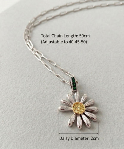 925 Sterling Silver Daisy Pendant Necklace – Green CZ Bail & Yellow Pavé Center