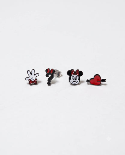 Vintage mouse stud earring set flat lay, brass enamel character studs, mismatched 4-piece set.