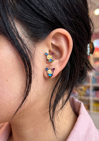 Seoul street style ear stack — Sanrio Usahana barbell studs on lobe and helix, two poses, surgical steel post — 8ttitto8 kawaii