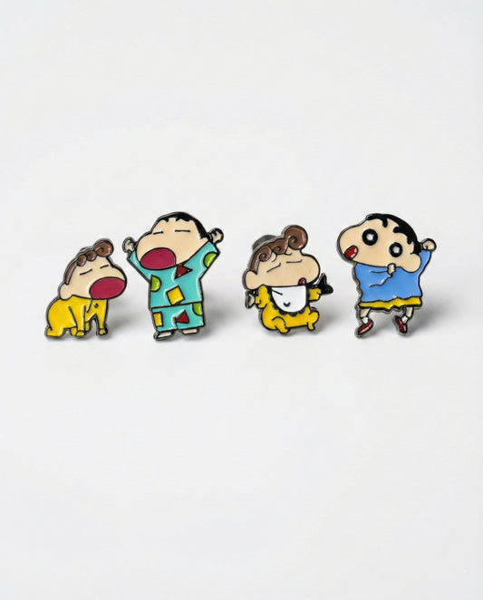 Four Crayon Shin-chan character enamel earrings including pajama Himawari and dancing Shin-chan on white background