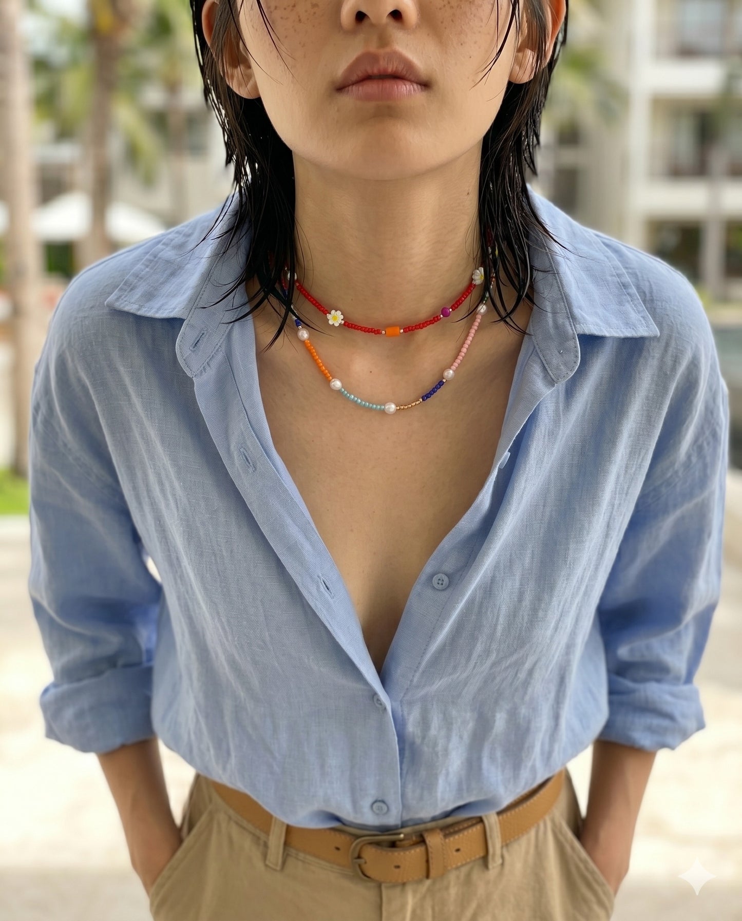 Full body resort look linen shirt cargo pants belt layered pearl bead necklace two-strand K-style vacation jewelry.