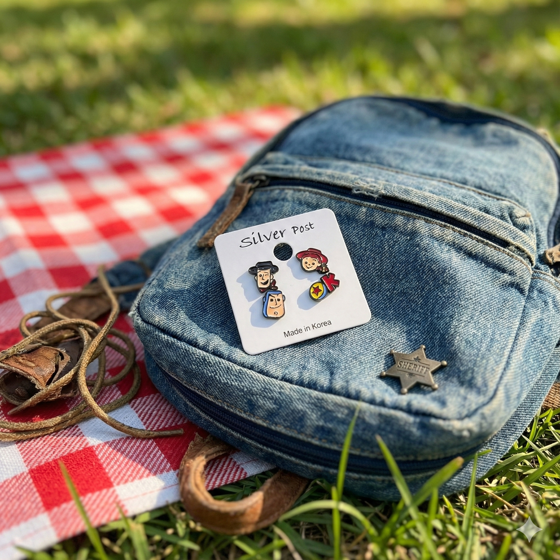 oy Story earrings set displayed on denim bag with picnic blanket outdoor lifestyle shot