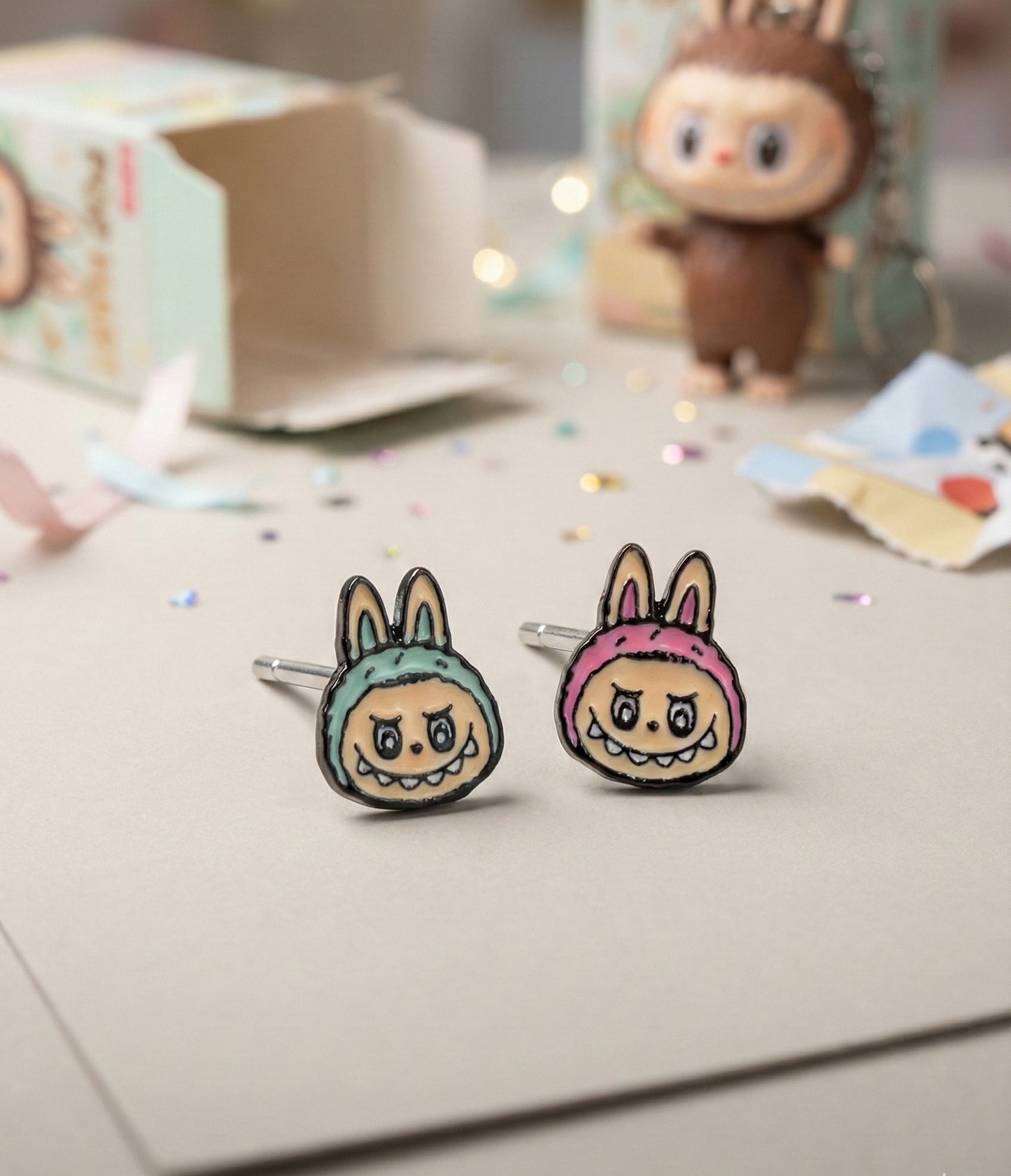Labubu The Monsters Handmade Brass Enamel Stud Earrings (Silver Post)