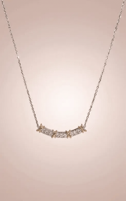925 Sterling Silver Two-Tone Curved Bar Necklace with Gold X Cross