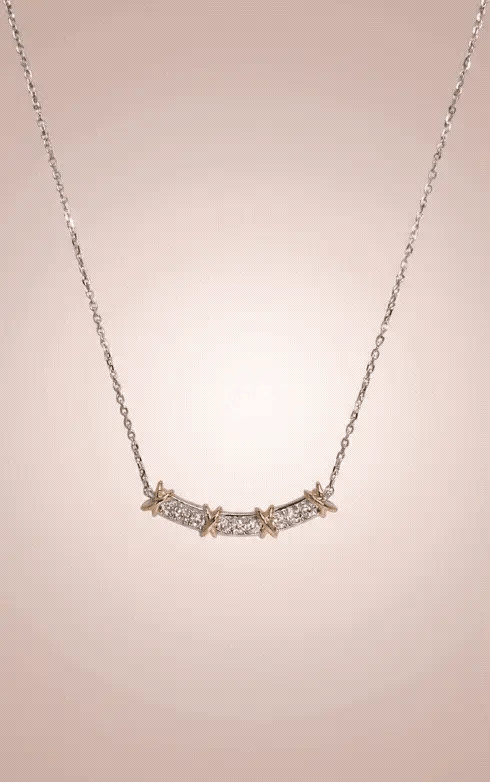 925 Sterling Silver Two-Tone Curved Bar Necklace with Gold X Cross