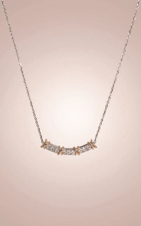 925 Sterling Silver Two-Tone Curved Bar Necklace with Gold X Cross