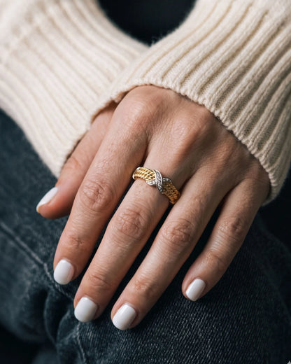 925 Sterling Silver Two-Tone Twisted Rope Band Ring with CZ X-Cross