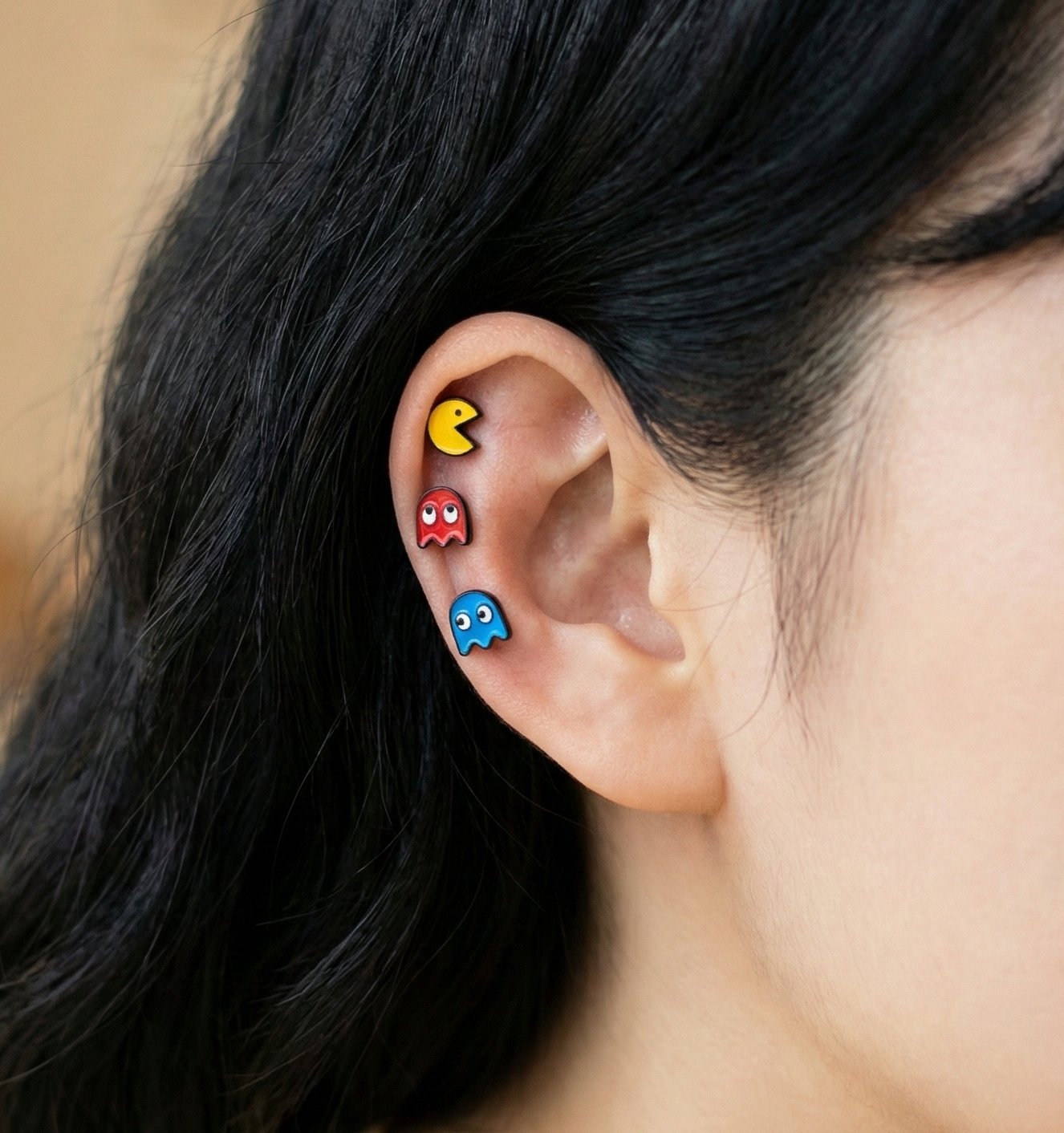 Pac-Man & Ghost Barbell Stud | Retro Gamercore Piercing | Made in Korea