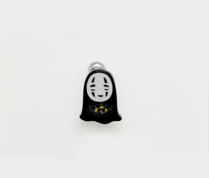 No-Face holding gold nuggets stud earring, black enamel finish with detailed gold illustration.