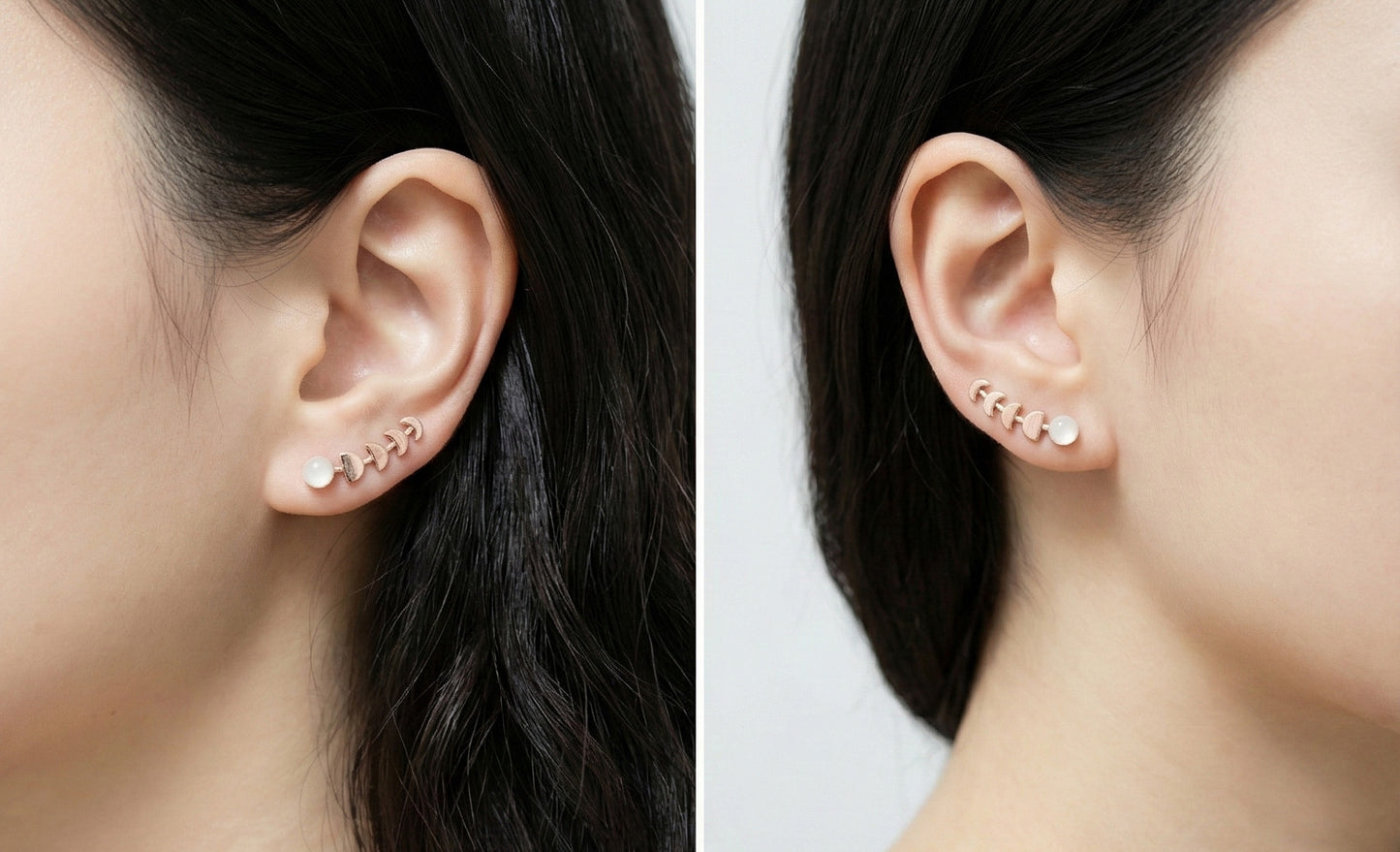 Celestial Moon Phase Ear Climbers | Gold Plated Brass & Glowing Faux Moonstone Crawlers