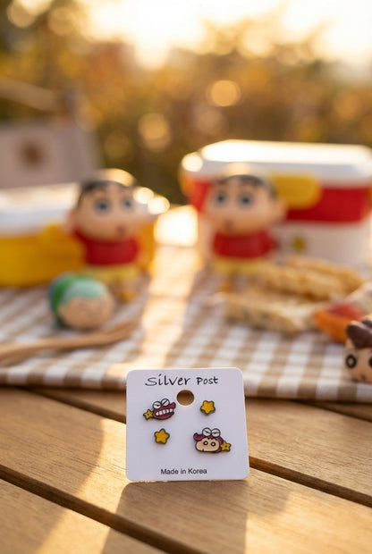 Crayon Shin-chan & Chocobi Character Stud Earrings Set - 925 Silver Post