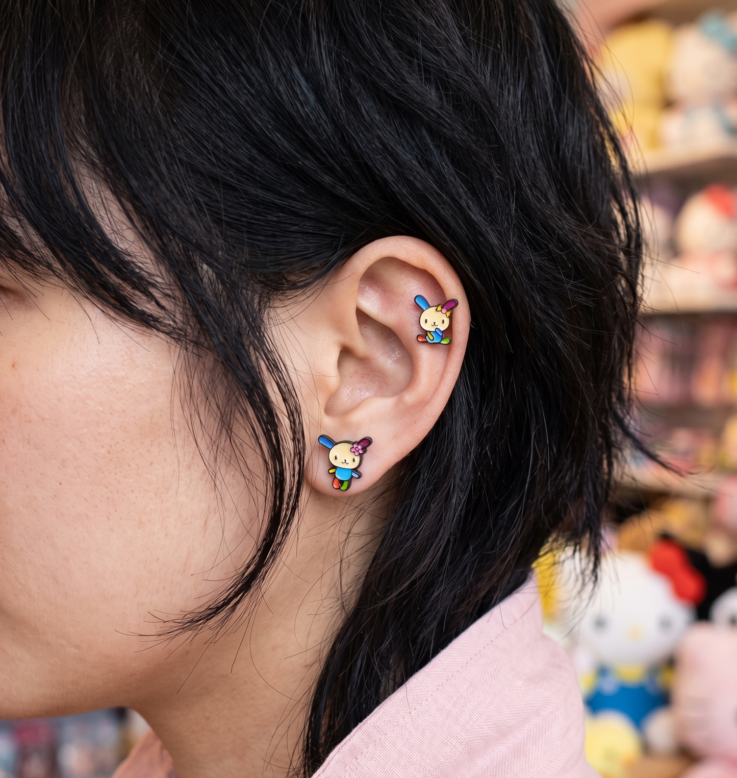 Usahana enamel barbell studs on inner conch and lobe — curated kawaii ear stack, Y2K Sanrio style — 8ttitto8