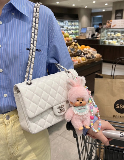 K-fashion kidcore aesthetic Chimutan plush keychain pink brown duo, Monchhichi-coded bag charm for bbackpack and luxury bag styling — 8ttitto8