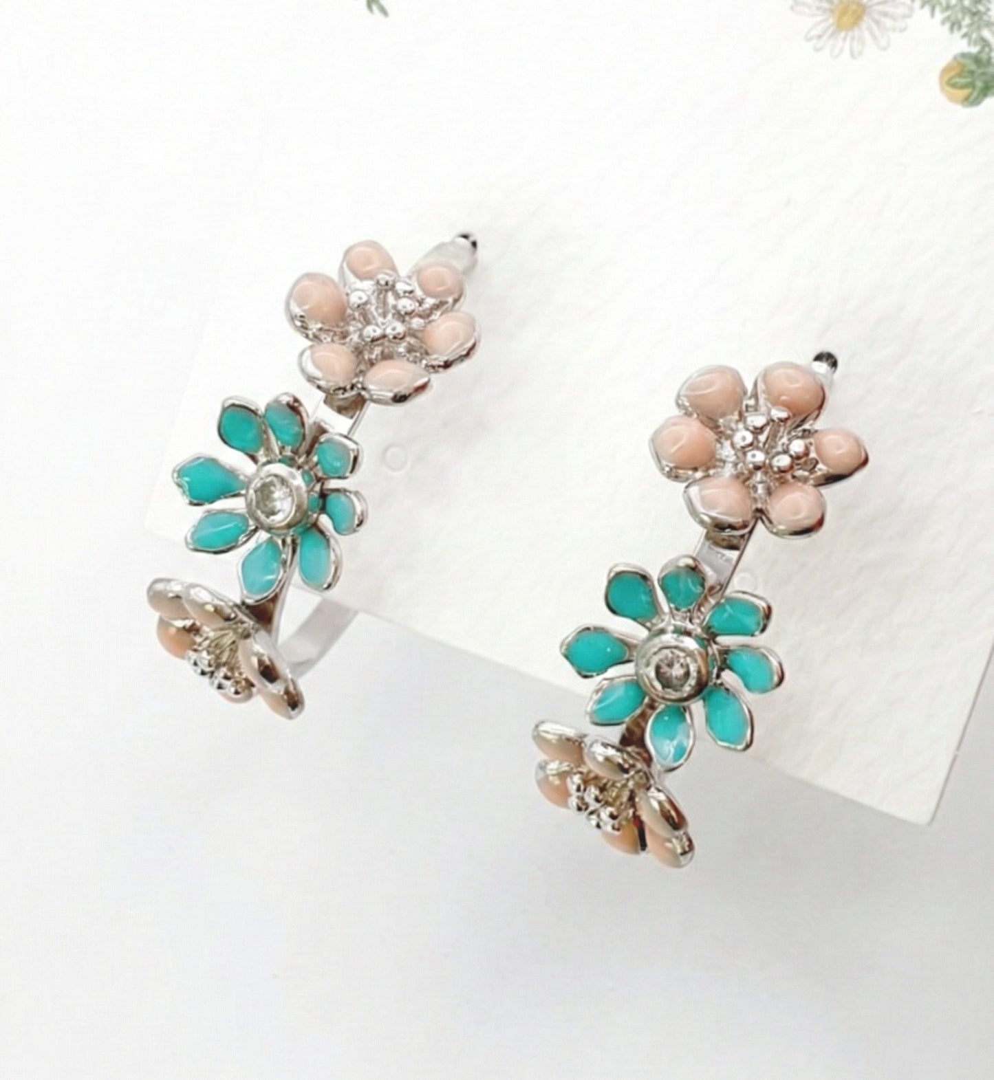 Korean Handmade Enamel Flower Hoop Earrings - Titanium Post (2 Colors)