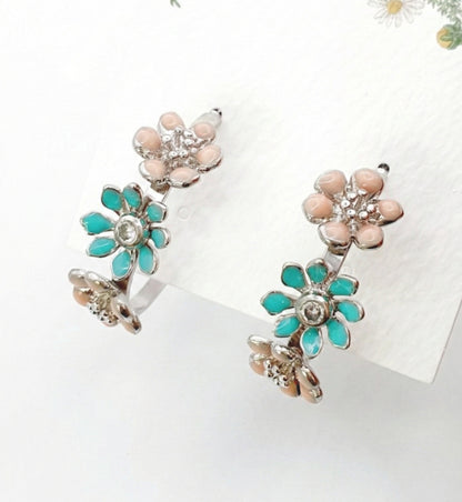 Korean Handmade Enamel Flower Hoop Earrings - Titanium Post (2 Colors)