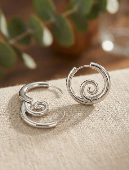 Modern Sculptural Spiral Hoop Earrings - Gold & Silver (Titanium Post, Clicker Style)