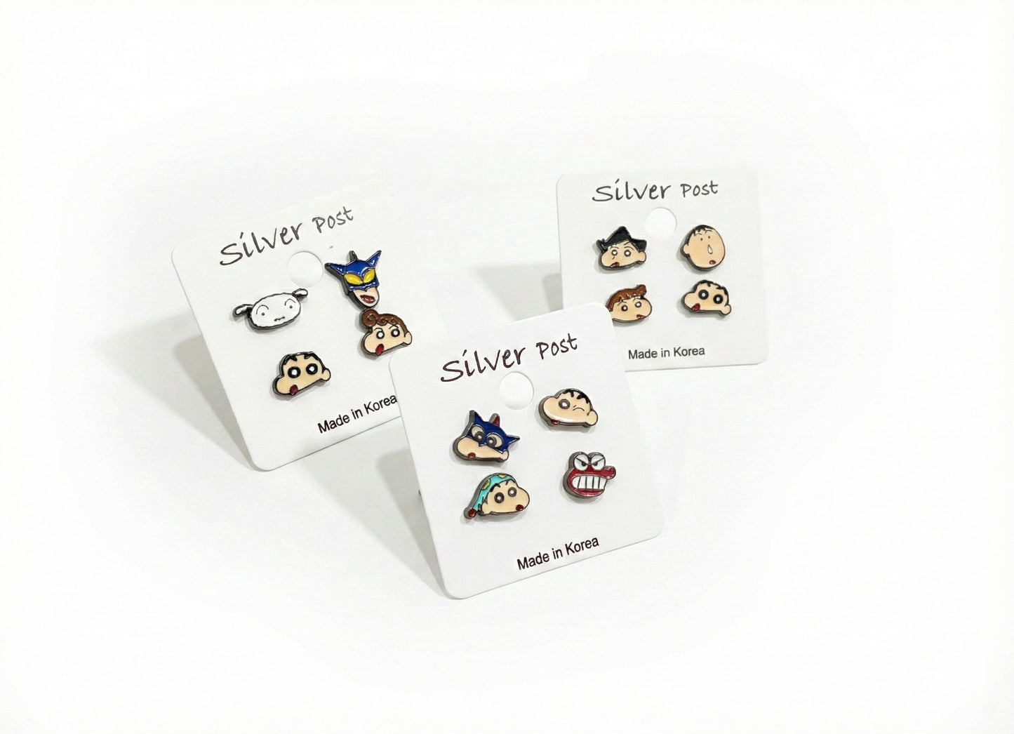 Crayon Shin-chan handmade silver post earrings 3 sets with Made in Korea label, featuring Shiro, Action Kamen, Shin-chan characters