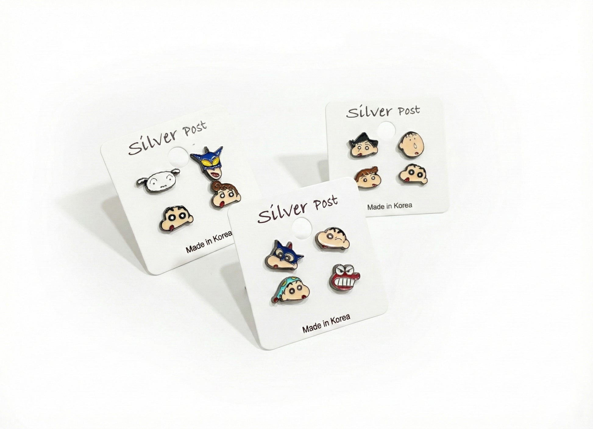 Crayon Shin-chan handmade silver post earrings 3 sets with Made in Korea label, featuring Shiro, Action Kamen, Shin-chan characters