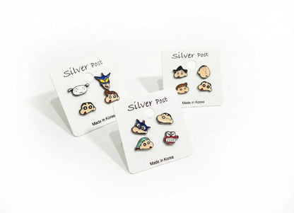 Crayon Shin-chan handmade silver post earrings 3 sets with Made in Korea label, featuring Shiro, Action Kamen, Shin-chan characters