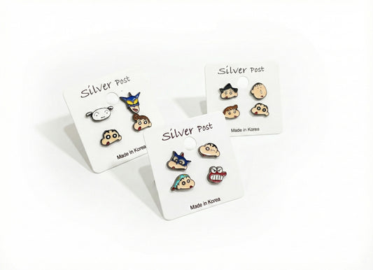 Crayon Shin-chan handmade silver post earrings 3 sets with Made in Korea label, featuring Shiro, Action Kamen, Shin-chan characters