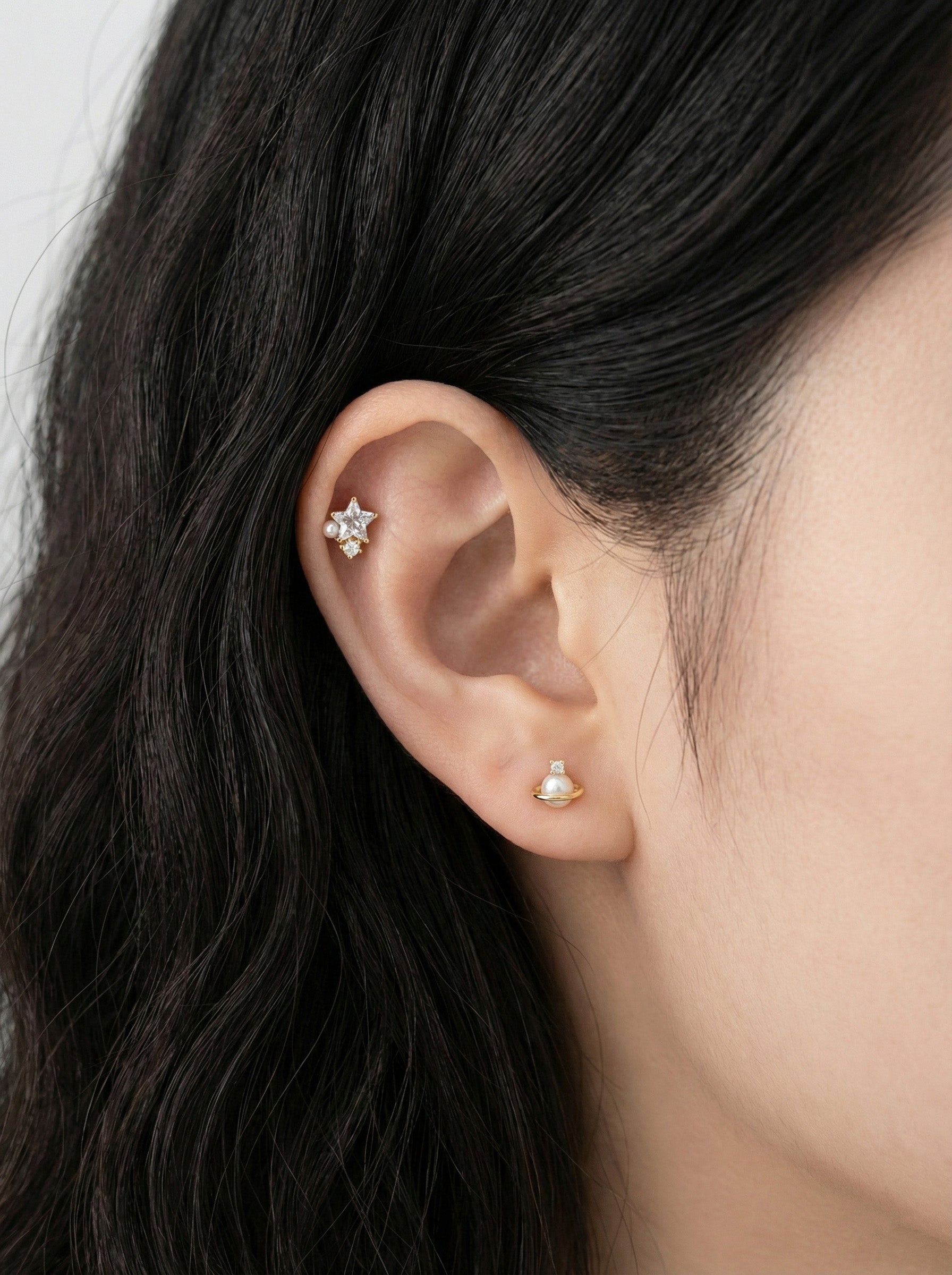 double cartilage piercing styling with Saturn pearl planet barbells cubic zirconia